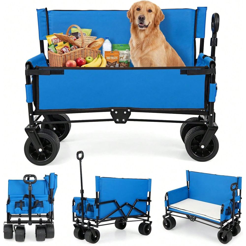 Pull Cart Fold - Wagenbankzitcombinatie, inklapbare strandkar met verstelbare duw-trekhandgreep,